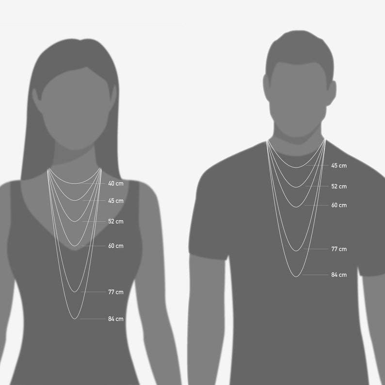 May include: A diagram showing different necklace lengths in centimeters for both men and women. The lengths are 40 cm, 45 cm, 52 cm, 60 cm, 77 cm, and 84 cm.