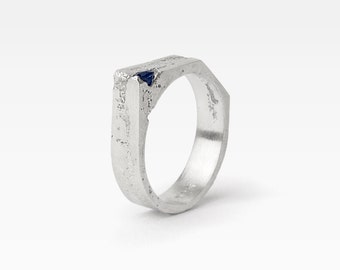 Blue Sapphire Engagement Ring In Recycled Silver - Alternative Gemstone Rustic Wedding Band -  Textured Band With Blue Stone