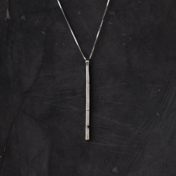 Personalized Vertical Bar Necklace - Customized Bar Hammered Necklace - Minimal Long Bar Silver Pendant - Textured Bar Charm And Garnet