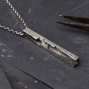 Necklace For Men In Sterling Silver - Deconstructed Bar Pendant For Him In Oxidised Silver