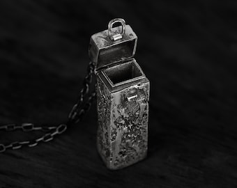 Oxidized Sterling Silver Pill Box Pendant | Handmade Hidden Compartment Necklace | Caph