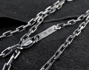 Oxidised Sterling Silver Anchor Mens Womens Necklace - Black Unisex Square Big Link Chain - Faceted Solid Dark Matt Silver Necklace