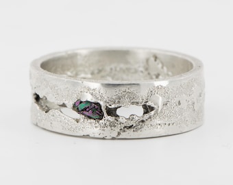 Handcrafted Ring With A Textured Sterling Silver Band With Raw Moissanite Stone | Lerna VIII
