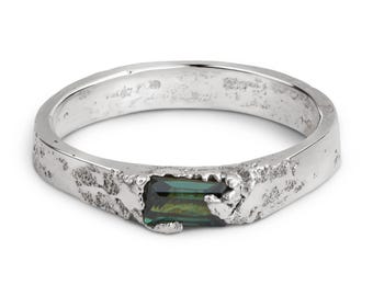 Sterling Silver Engagement Ring With Baguette Cut Green Tourmaline | Celaeno