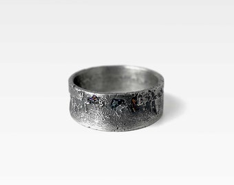 Oxidised Wide Ring Band For Men With 3 Small Black Gemstones in Sterling Silver