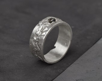 Thumb Ring - Raw Black Moissanite In A Silver Band - Rock And Roll Jewelry