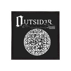 May include: Black square patch with white text and a QR code. The text reads "OUTSID3R" in a gothic font, with "HIDDEN BUREAU FOR THE OUTSID3RS / ARCHIVE 2001" below. A white QR code fills the lower half.