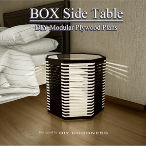 May include: A black and white side table with a geometric design. The table has a hexagonal top and a slatted body. Text on the image reads "BOX Side Table" and "DIY Modular Plywood Plans". The table is designed by DIY GOODNESS.
