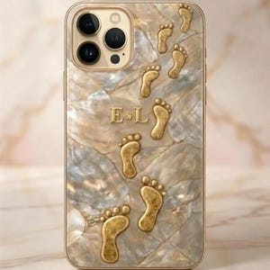 Personalized Footprint iPhone Case, Pearl Marble Initial Phone Cover