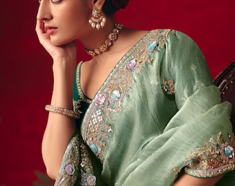 Mint Green Designer Saree | Sequins, Thread Embroidery, Wedding Party Wear