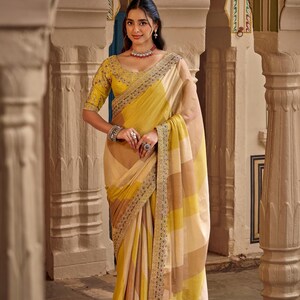 Mustard Yellow Indian Saree with Designer Stitched Blouse, Elegant Wedding Saree, Traditional Party Wear, Festive Ethnic Outfit