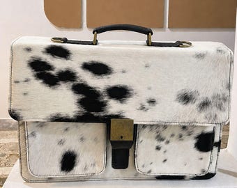 Black White Cowhide Leather Laptop Bag | Hair-on Hide Western Style Work Bag