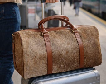 Borsa da viaggio in pelle di vacchetta marrone - Borsa da viaggio, weekend e palestra fatta a mano, stile western