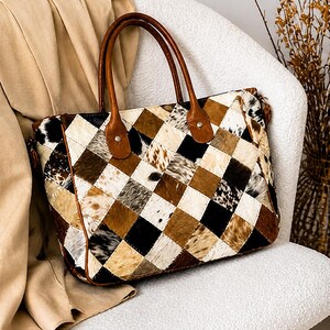 Patchwork-väska i kohud, axelväska i diamantformat läder, rustik bohemisk stil