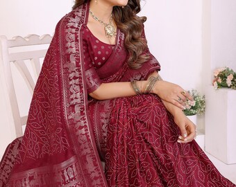 Saris Bandhani de seda suave color marrón para mujer, regalos para la fiesta nupcial, blusa de sari precosida.