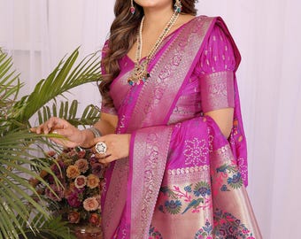 Sari de seda Dola Bandhani suave color magenta, listo para usar, regalos para la fiesta nupcial, regalos personalizados.
