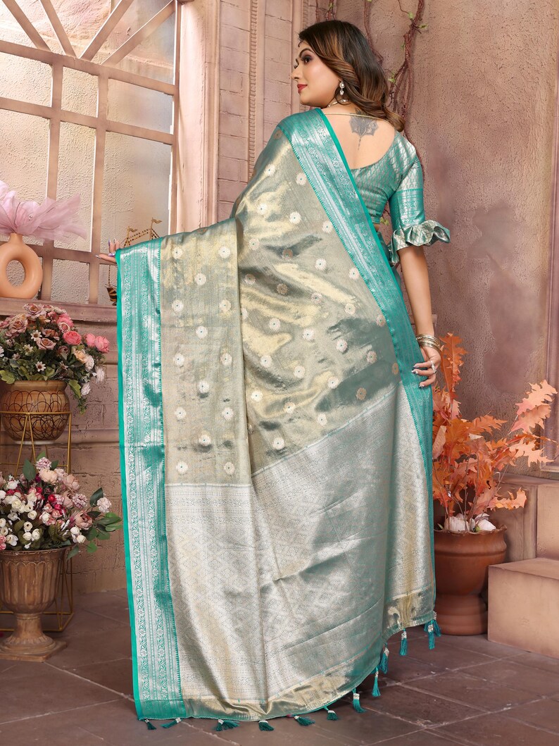 Dharmavaram Soft Silk Sea Green Saree, Anniversary Gift Pre Stitched Saree, Gifts For Mothers image 10