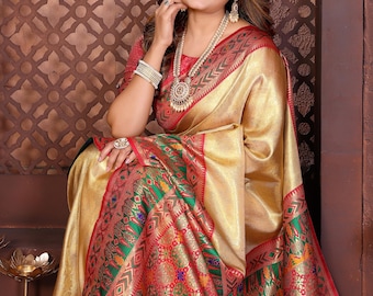 Champán Oro Suave Seda Kanjivaram Paithani Saree, Saris Pre Drapeados Para Mujeres Traje De Festival