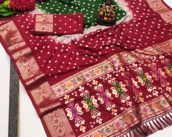Sari Bandhani de seda suave con blusa cosida, borde con tejido Ikat, regalo de cumpleaños para ella.