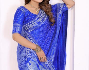 Sari de seda suave Bandhani azul con blusa cosida, regalo de ropa personalizada, regalos para esposa