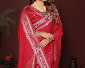Saris de seda Banarasi suaves color rojo cereza para mujer (EE. UU.), ropa étnica india, regalos para mamá