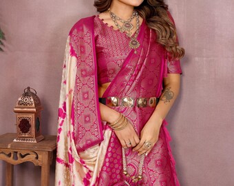 Suave Dola Silk Pink Bandhani Sarees para mujer elegante, blusa saree pre cosida de boda