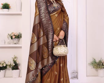 Sari Kanjivaram de seda suave color marrón bronce, regalo para damas de honor, sari del sur de la India, regalos para la abuela.