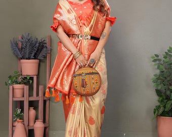 Sari Kanjivaram de seda viscosa tejido a mano, listo para usar, regalos para padres, saris para mujer con blusa.