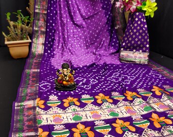Sari Bandhani de seda suave Dola con blusa cosida, atuendo festivo, regalos personalizados para mamá