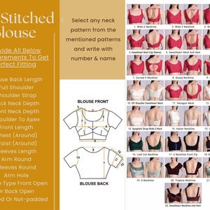 May include: A guide for stitched blouses, featuring various neckline styles and measurement instructions. The image displays a range of blouse designs, including U-neck, V-neck, and sweetheart necklines, with diagrams for front and back views. Text provides measurement details.