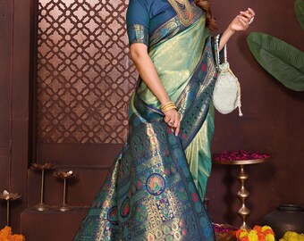 Dharmavaram Silk Sea Green Saree Contrast Border, Personalized Gifts For Mom, Gift Elderly Women