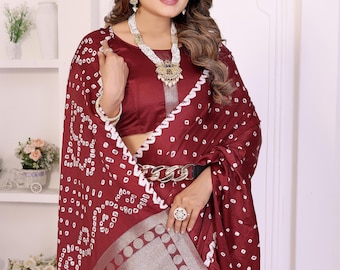 Blusa de sari confeccionada en seda suave color granate con estampado Bandhani, regalos para despedida de soltera, regalo para la madre de la novia.