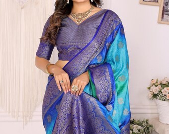 Sari azul de viscosa y seda suave tejido a mano, sari de boda predrapeado, regalos personalizados para ella.