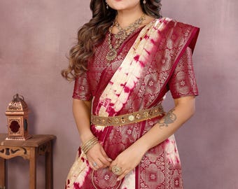 Saree bandhani de seda Dola suave rojo con efecto tie-dye, saree floral jacquard tejido Zari