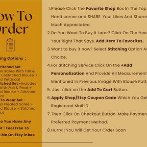 May include: A mustard-colored graphic with instructions on how to order, including options for stitching and adding items to favorites. The text also encourages customers to share and apply coupon codes.