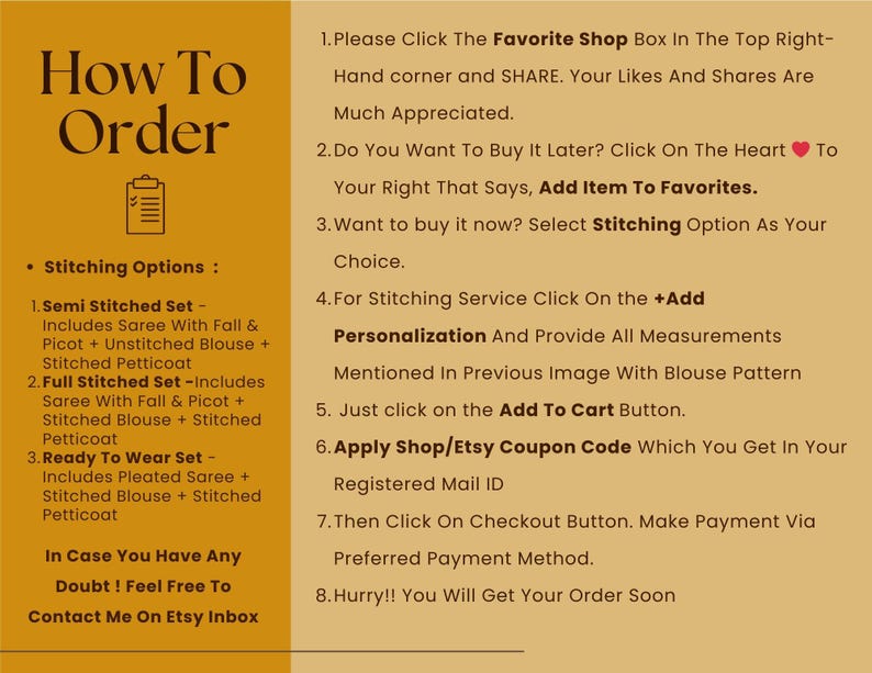May include: A mustard-colored graphic with instructions on how to order, including options for stitching and adding items to favorites. The text also encourages customers to share and apply coupon codes.
