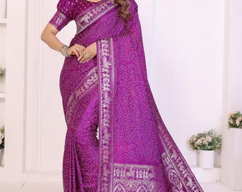 Bandhani Banarasi Saree de seda suave con blusa, regalos de jubilación para mujeres, regalos para mamá