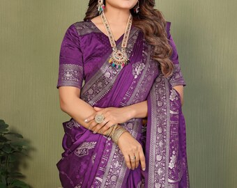 Sari Kanjivaram de seda suave con blusa cosida, regalo para el Día de la Madre, obsequio para ella.