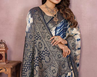 Blusa saree confeccionada de seda suave bandhani azul índigo, borde tejido jacquard zari, regalos de boda