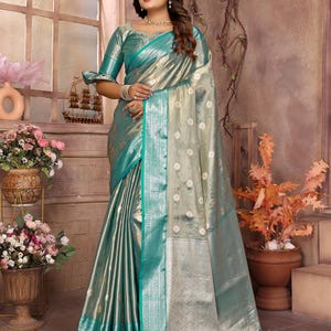 Dharmavaram Soft Silk Sea Green Saree, Anniversary Gift Pre Stitched Saree, Gifts For Mothers image 2