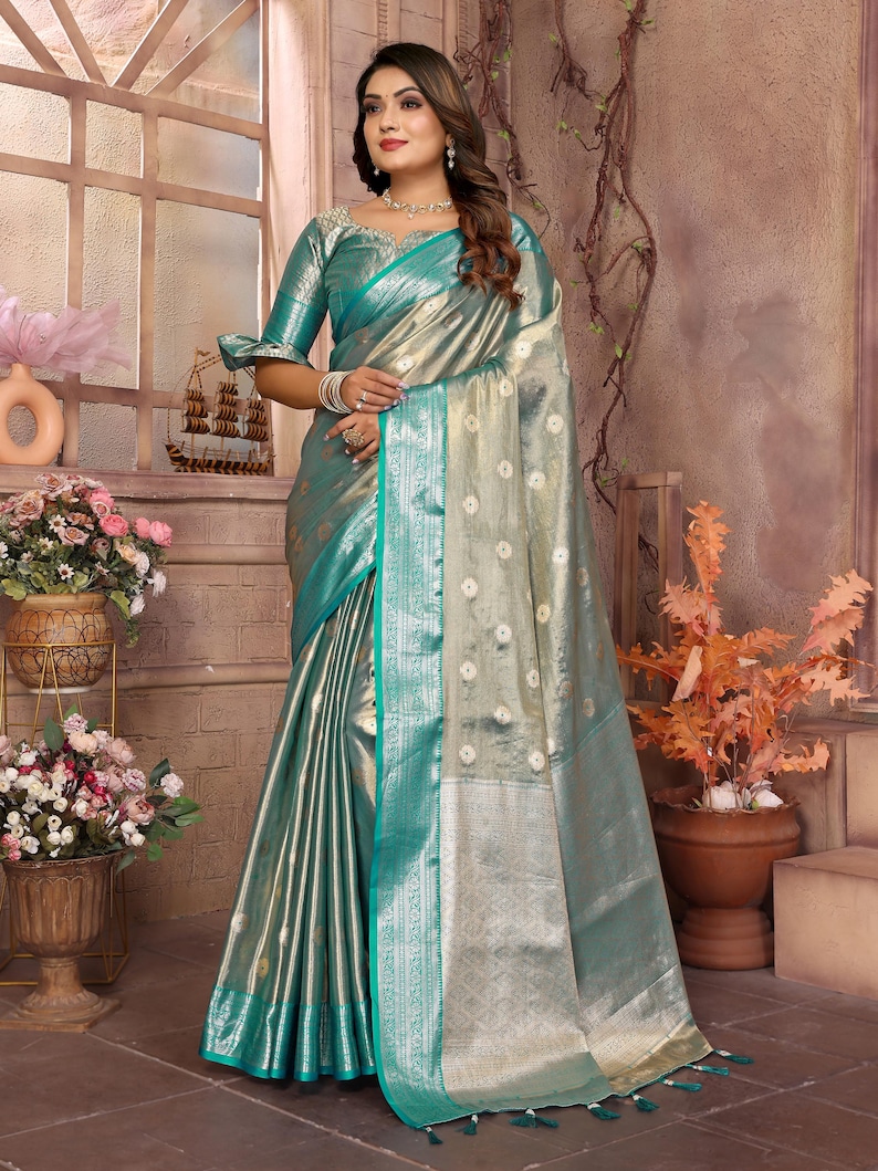 Dharmavaram Soft Silk Sea Green Saree, Anniversary Gift Pre Stitched Saree, Gifts For Mothers image 2