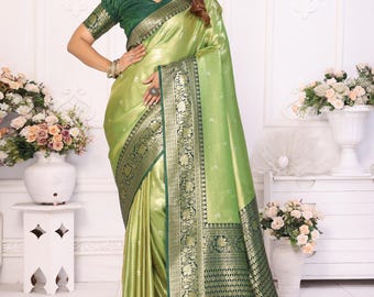 Light Green Soft Silk Banarasi Saree With Stitched Blouse, Mothers Day Gifts For Grandma