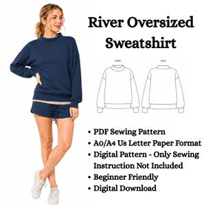 River Oversized Sweatshirt Sewing Pattern PDF, Women Pullover Hoodie Alternative, A4 AO US Letter Digital Download