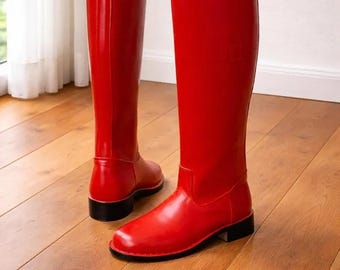 Handmade Red Leather Officer Boots Tall Vintage Military Style Round Toe Riding Boots Men (Free Socks)