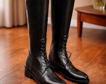 Lange laarzen in militaire officierstijl Handgemaakte zwart leren rijlaarzen heren vintage paardensport rijlaarzen met veters (gratis sokken)