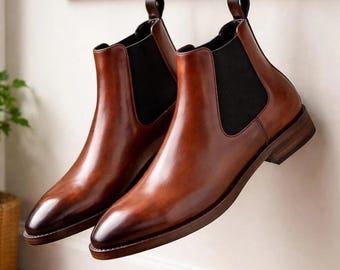 Handmade Brown Leather Chelsea Boots Men Classic Slip On Ankle Boots Formal Dress Shoes Minimalist Style (Free Socks)