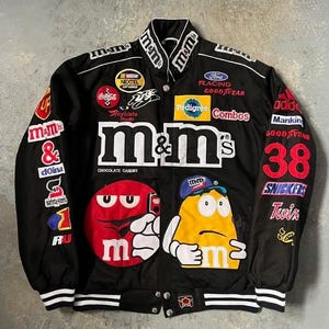 Vintage M&M Motorsport Racing Jacket Y2K Patchwork Bomber Streetwear Coat for Men Women Embroidered Design (Free T-Shirt  Balaclava)