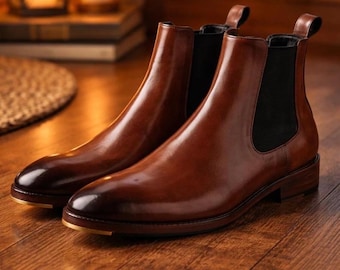 Botines Chelsea de cuero marrón hechos a mano para hombre, botines clásicos sin cordones, zapatos formales de vestir, estilo minimalista (calcetines de regalo).
