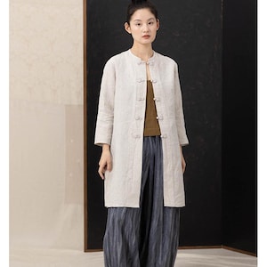 Linen Mandarin Collar Shirt – Navy Blue & Natural Beige, Butterfly Knot Button, Minimalist Everyday Blouse