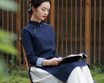 Marineblauwe zen-stijl effen ramee-katoenen qiPao-top, Chinese kleding, minimalistisch dameskledingstuk